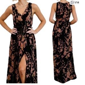 Baltic Born XXL Black Pink Floral Velvet Maxi Dress Sleeveless Wrap Slit Gown